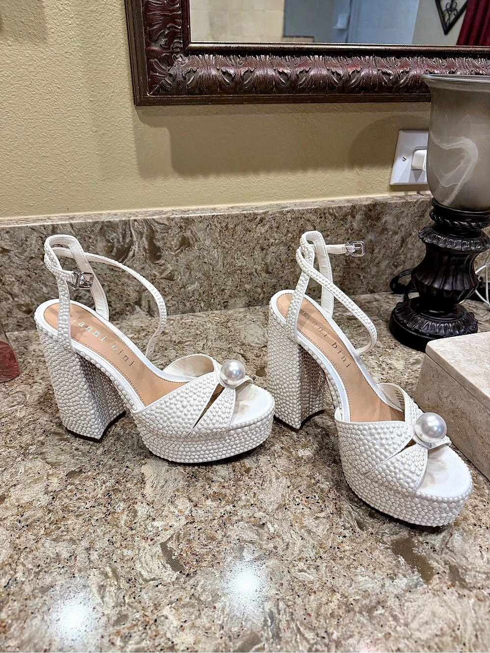 Gianni Bini Hazell Pearl Embellished Ankle Wrap Platform Sandals Platform Heels
